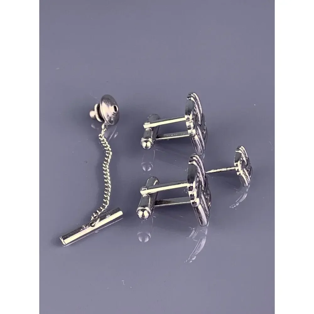 Square Weave Interlocking Cufflinks Tie Tack Pin Silver Tone Anson Vintage